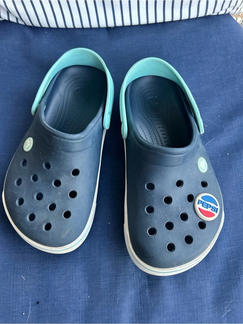 CROCS Kids Navy Clogs with Aqua Heel Strap